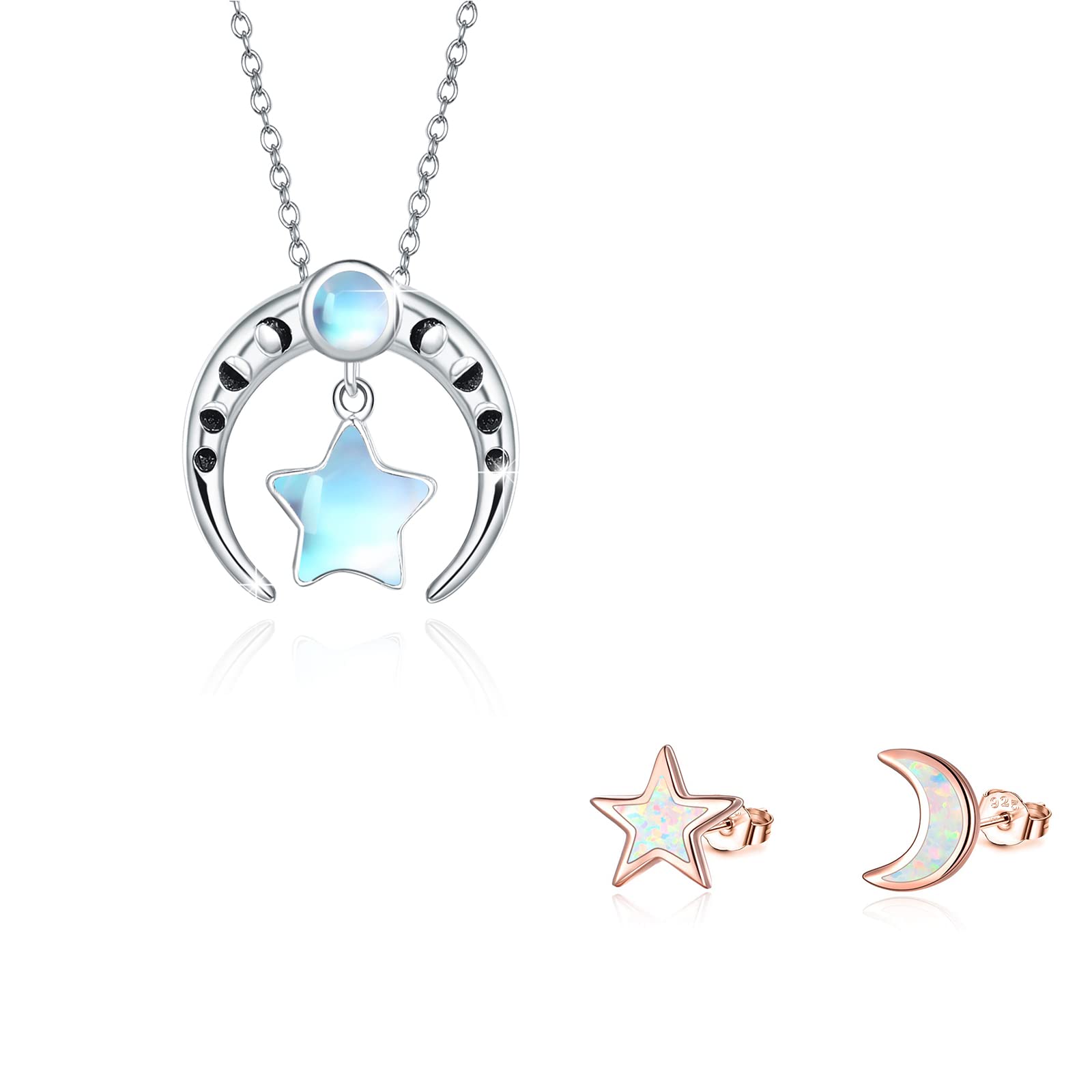 Moon and Star Earrings & Necklace Set - 925 Sterling Silver Crescent Moon Pendant with Moonstone | Elegant Celestial Jewelry Gift for Women and Girls | Perfect for Parties, Weddings, and Everyday Wear