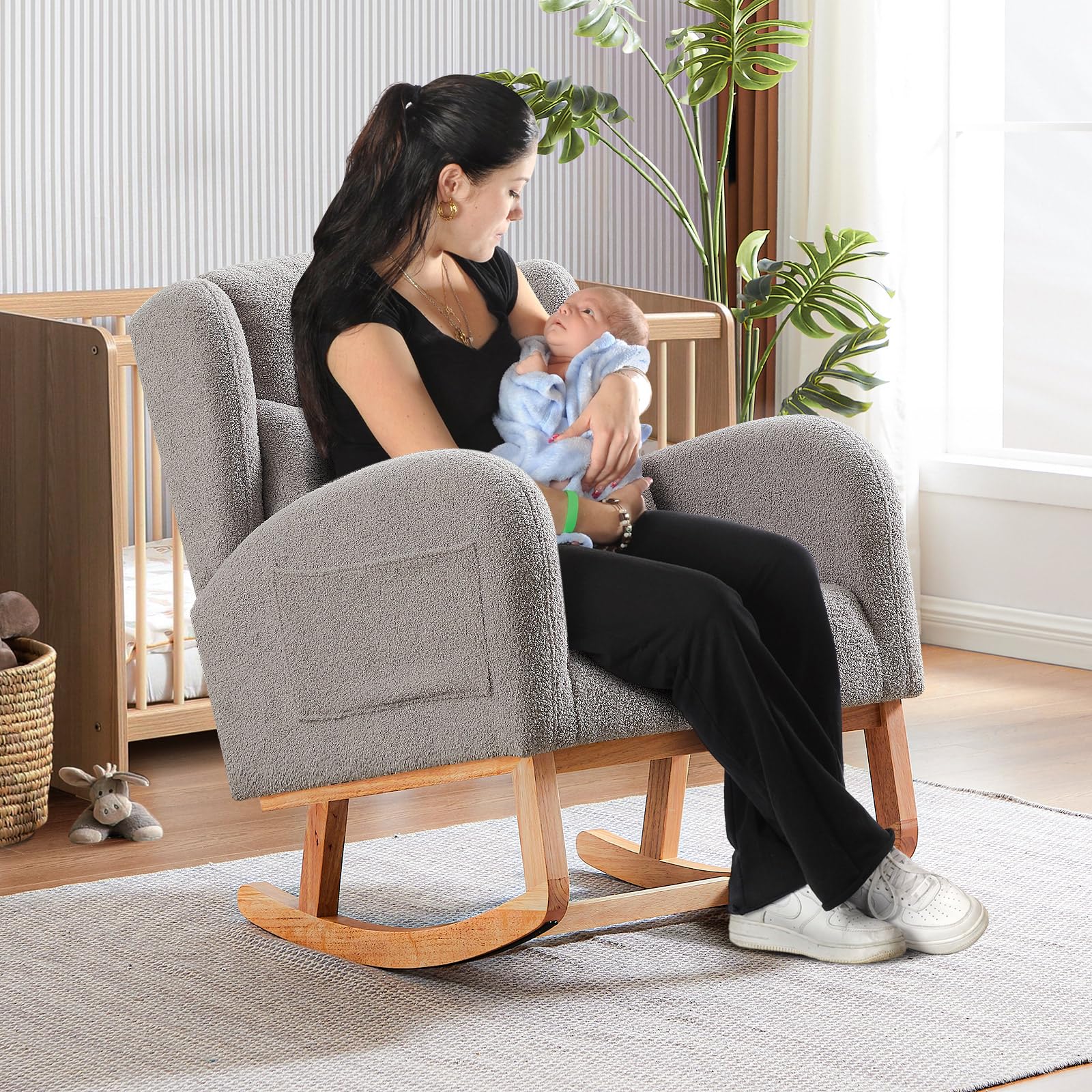 Antetek Modern Grey Teddy Upholstered Nursery Rocking Chair - High Backrest Wingback Accent Armchair with Lumbar Support - Perfect for Nursery, Living Room & Bedroom Relaxation (Grey)
