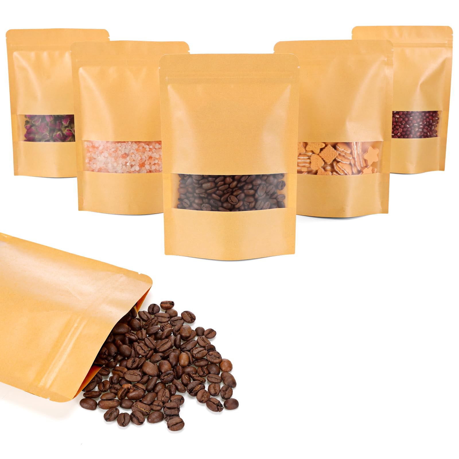 Moretoes 120pcs Resealable Kraft Bags with Window - 5.9×8.6 Inches Stand Up Mylar Bags for Coffee, Candy & Food Storage | Airtight Ziplock Packaging for Home, Business & Retail Use | Perfect for Organizing Snacks, Bulk Items & Small Products