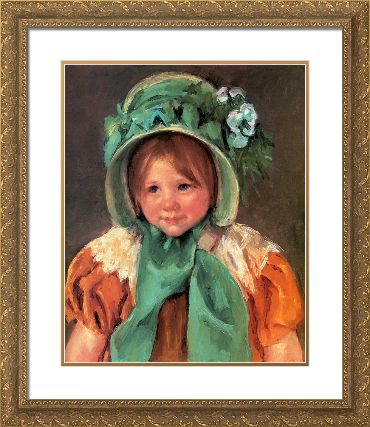 Mary Cassatt 'Sara in a Green Bonnet' 20x23 Gold Ornate Framed Art Print with Double Matting - Perfect for Living Room, Bedroom & Office Wall Decor
