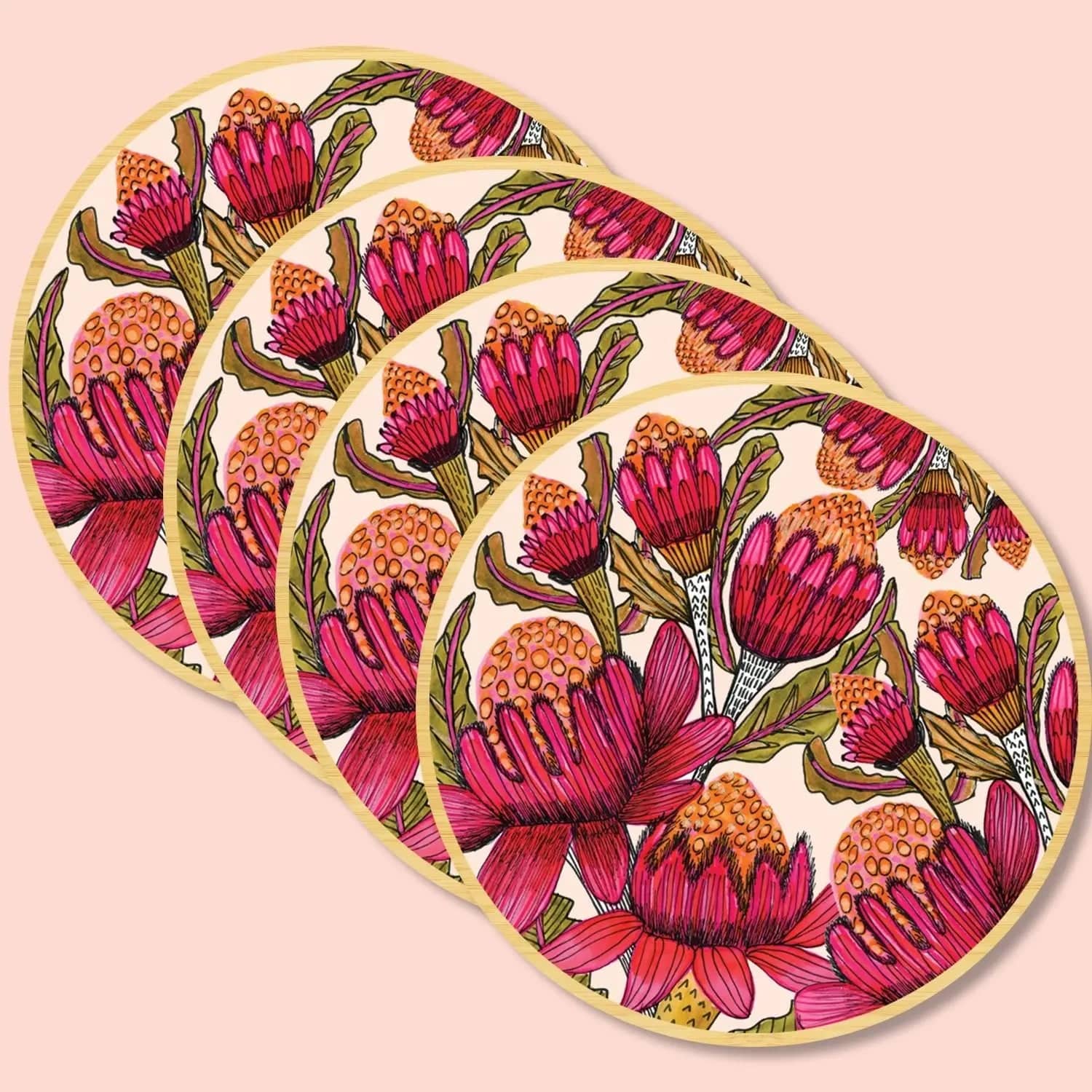 Waratah Flowers Coaster and Napkin Set - 6-Piece Floral Tableware for Dining, Kitchen, and Party Decor - Perfect for Home, Wedding, and Special Occasions