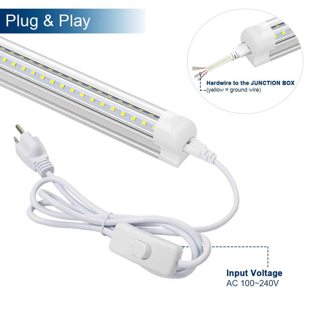 JESLED 8FT LED Shop Light, 72W 6500K Cool White 9000LM High Output V-Shape T8 Linkable Tube Lights - 6 Pack for Garage, Warehouse, Workshop - Plug & Play with Clear Cover - Ideal for Industrial, Commercial & Home Workspaces