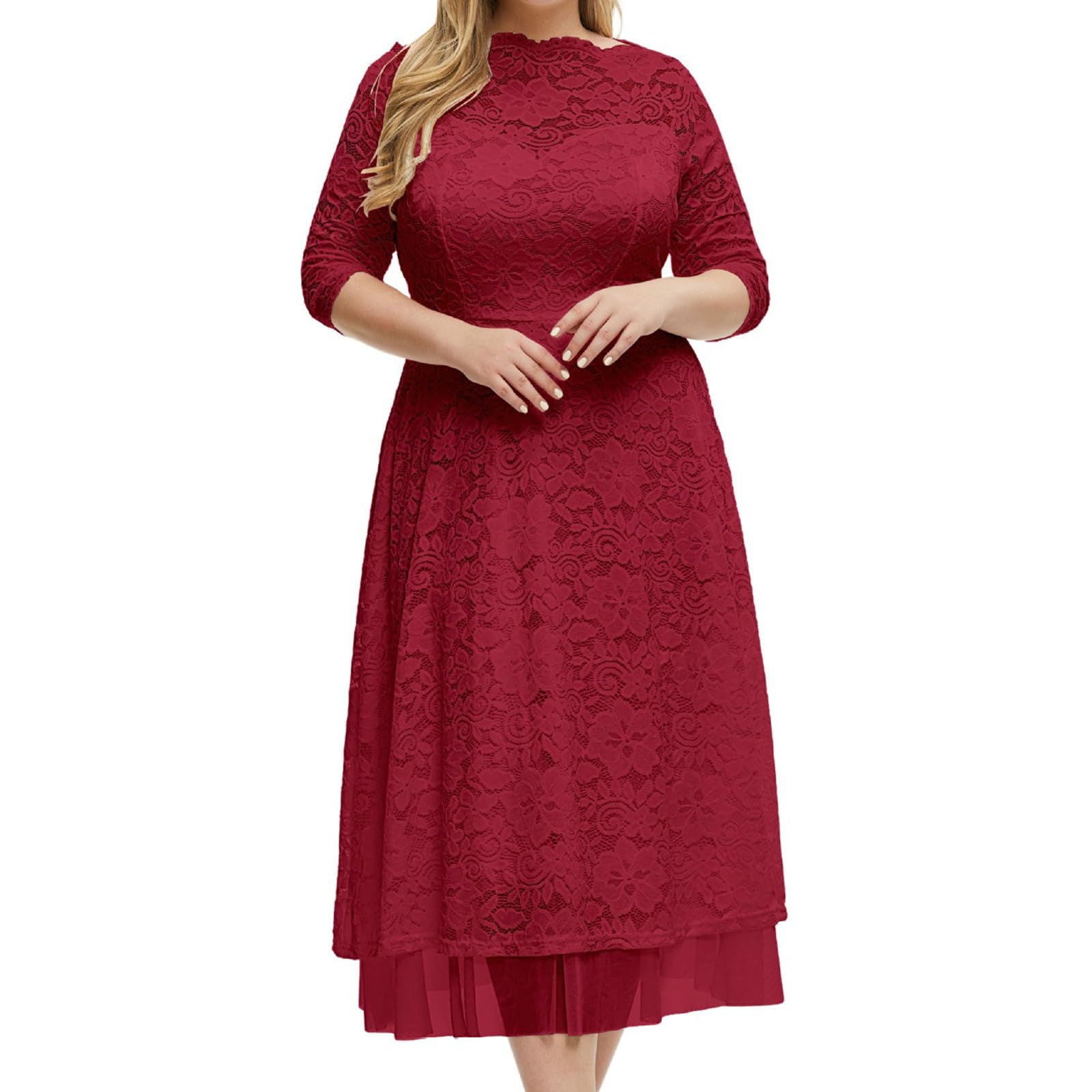 Elegant Plus Size Women's Lace 3/4 Sleeve Cocktail Dress - Long Formal Maxi Dress for Wedding Guest, Bridesmaid, Party & Special Occasions | Perfect for Evening Galas, Cocktail Receptions & Formal Events