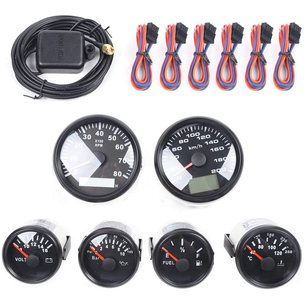 6 Gauge Set - Speedometer, Tachometer, Fuel Level, Oil Pressure, Volt & Water Temp Gauges | Universal Programmable Dashboard Instruments for Cars, Trucks, Boats & Yachts (Black Background) | Perfect for Performance Monitoring & Vehicle Customization