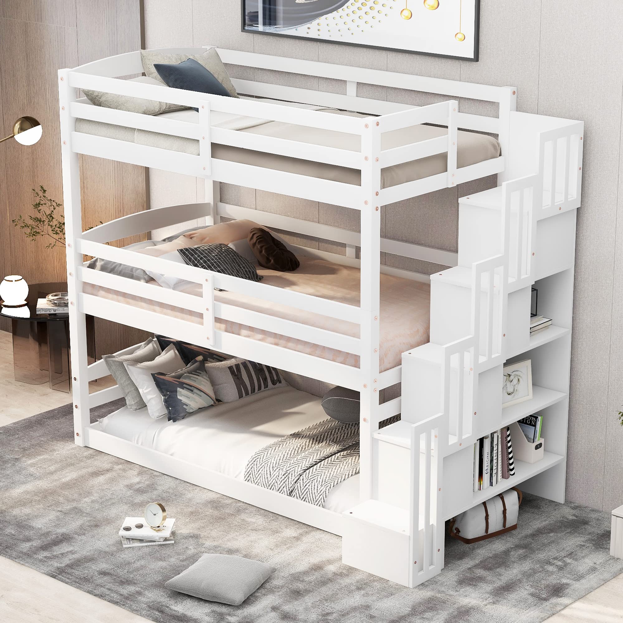 P PURLOVE Twin Over Twin Over Twin Triple Bunk Bed Frame with Storage Staircase - Convertible to Separate Bunk Beds & Platform Bed - Safety Guardrail Included - Space-Saving Kids Bedroom Furniture for Boys & Girls (White) - Perfect for Shared Rooms, Sleepovers & Small Spaces