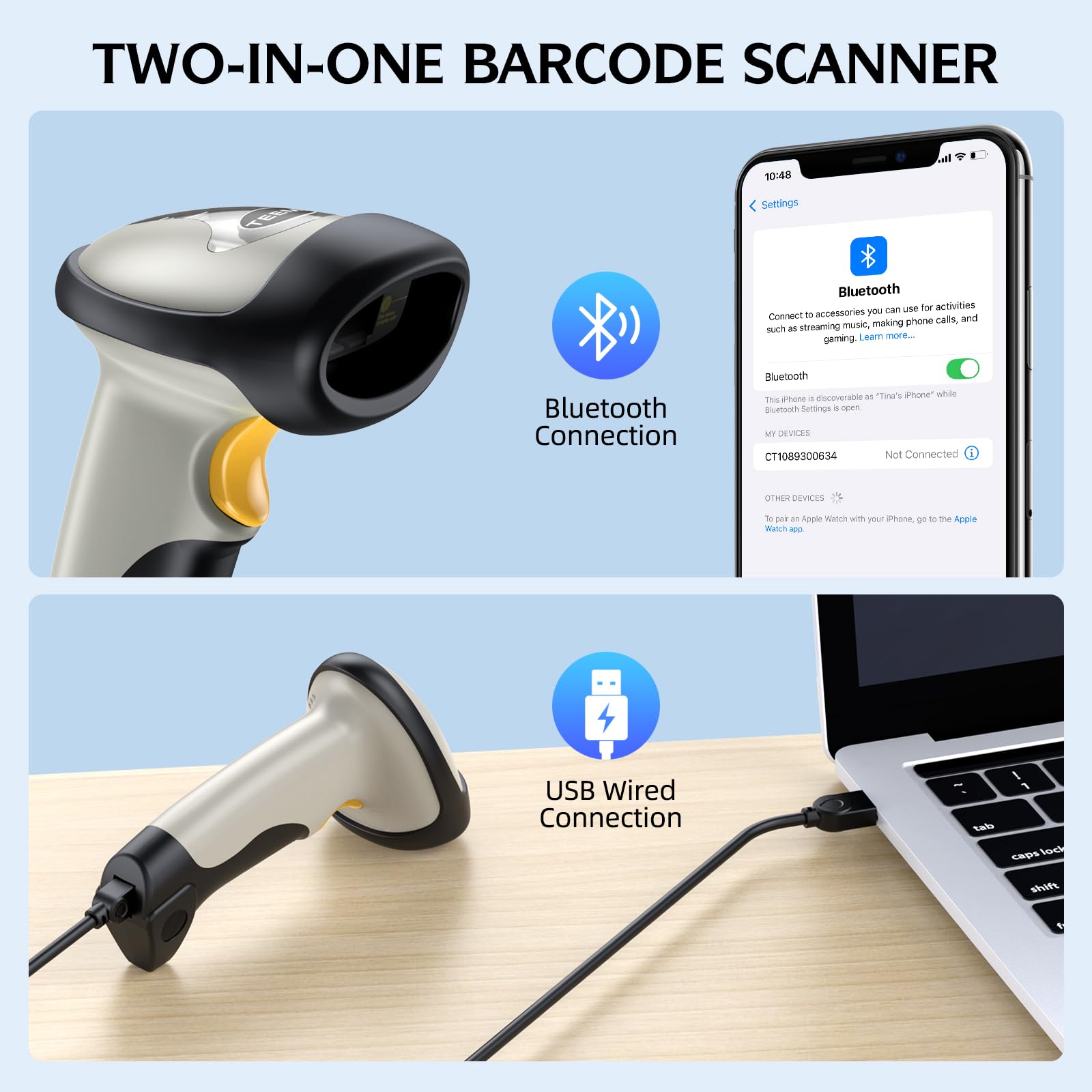 TEEMI Wireless Bluetooth Barcode Scanner - 1D Laser Handheld Reader Compatible with iPhone, iPad, Android Tablet, PC, Mac OS X, Windows 10 & iOS 14 - Includes Stand for Retail, Warehouse & Inventory Management