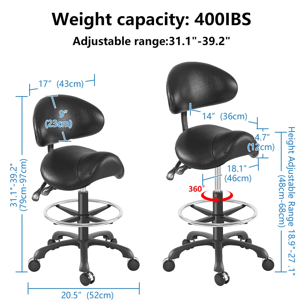 Ergonomic Saddle Stool with Back Support - Hydraulic Adjustable Height & Footrest - Perfect for Home Office, Dental Clinic, Tattoo Studio & Salon Use - Comfortable Seating Solution for Professionals