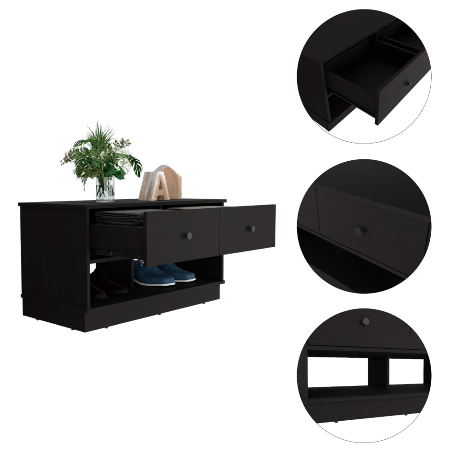 Uranus Storage Bench with 2 Drawers & 2 Open Shelves - Black Entryway Bench for Hallway, Bedroom & Living Room Organization