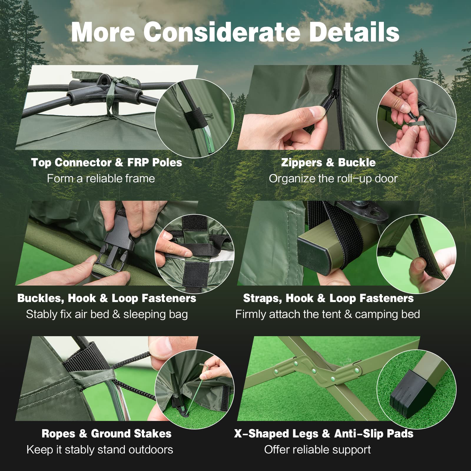 Nightcore Single Person Camping Tent with Air Mattress & Pillow - Portable Folding Cot with Metal Frame, Polyester Canopy & Sleeping Bag - Military Green (76”x31”x63”) for Outdoor Adventures, Backpacking, Hiking & Family Picnics