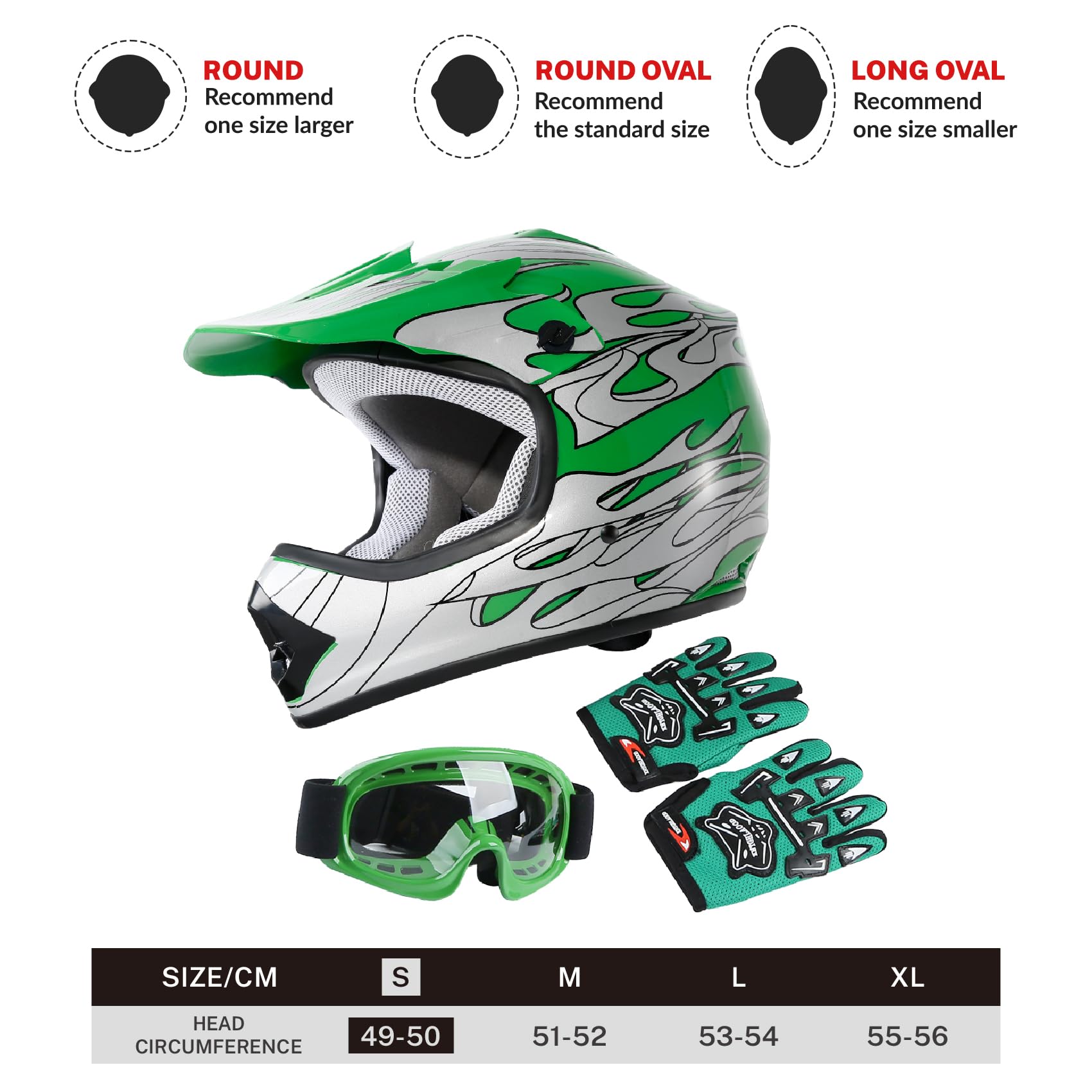 SLMOTO Youth & Kids Motorcycle Helmet - DOT Approved Motocross, Offroad, ATV, Dirt Bike Helmet with Goggles & Gloves - Green Flame Design - Perfect for Racing, Trail Riding & Outdoor Adventures
