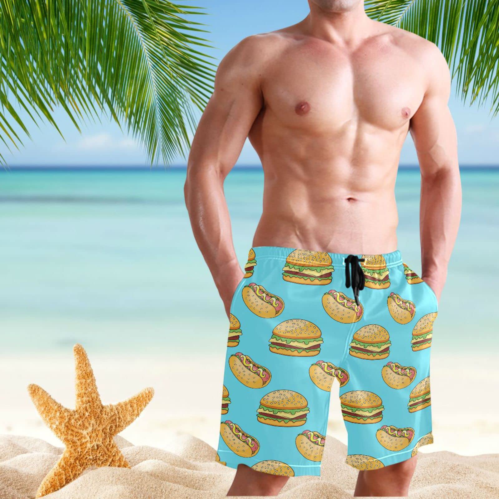**Men's Quick Dry Swim Trunks - Cheeseburger Hot Dog Print Beach Shorts with Pockets | XL Size | Perfect for Swimming, Surfing & Summer Vacations**