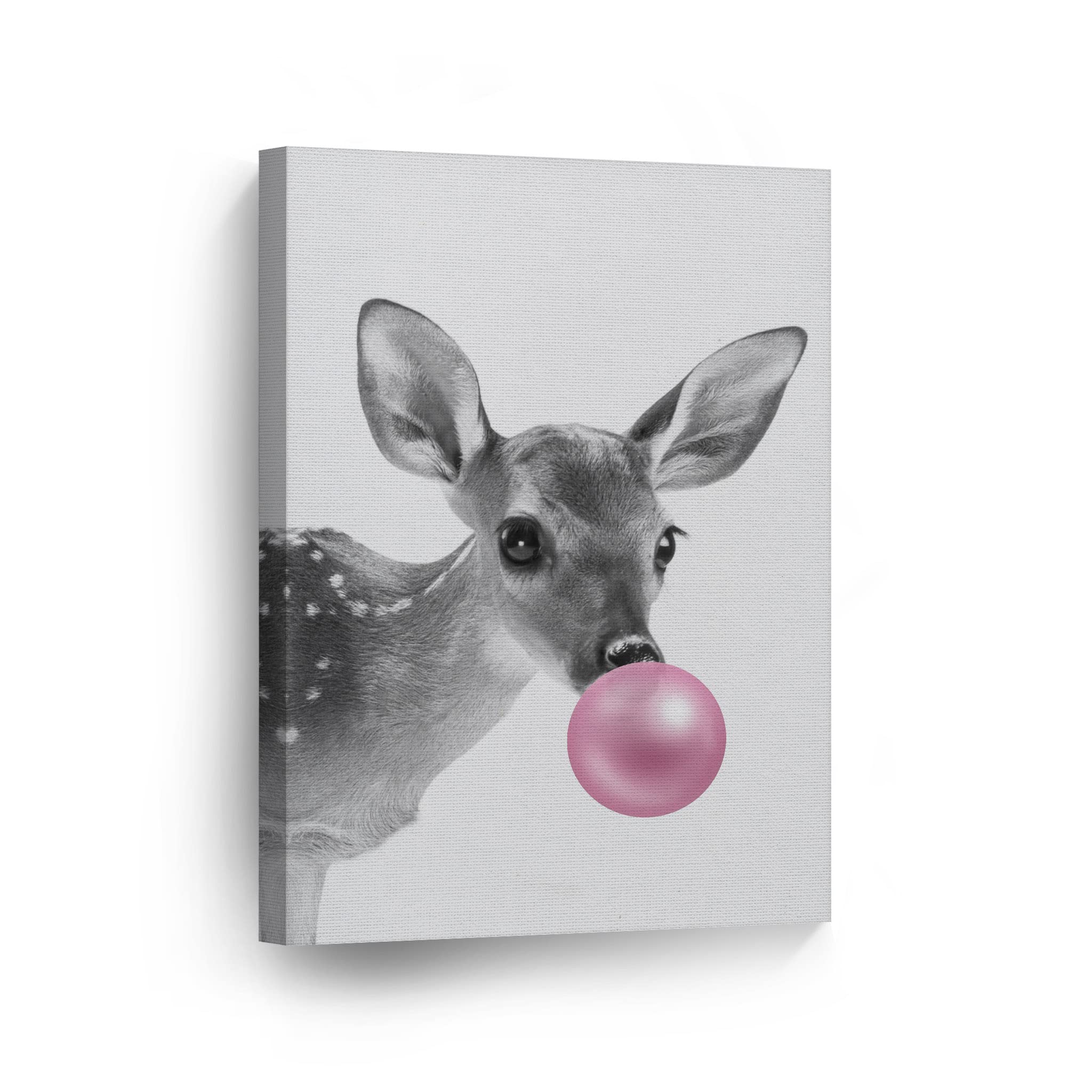Smile Art Design Baby Deer Animal Decor Bubble Gum Pink Canvas Print - Black and White Wall Art for Nursery, Kids Room Decor - Stretched & Ready to Hang (40x30 inches) - Perfect for Baby Showers, Birthday Gifts & Home Decoration - Made in USA