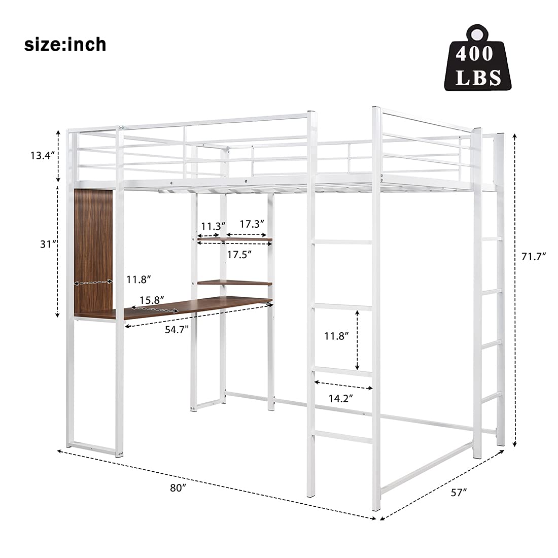Full Size Metal Loft Bed Frame with Built-in Desk & 2 Shelves for Kids & Teens - Sturdy High Loft Bed with Dual Ladders & Safety Rails - 21 Reinforced Slats for Maximum Support (No Box Spring Required) - Perfect for Small Bedrooms, Dorm Rooms & Space-Saving Kids' Rooms (White)