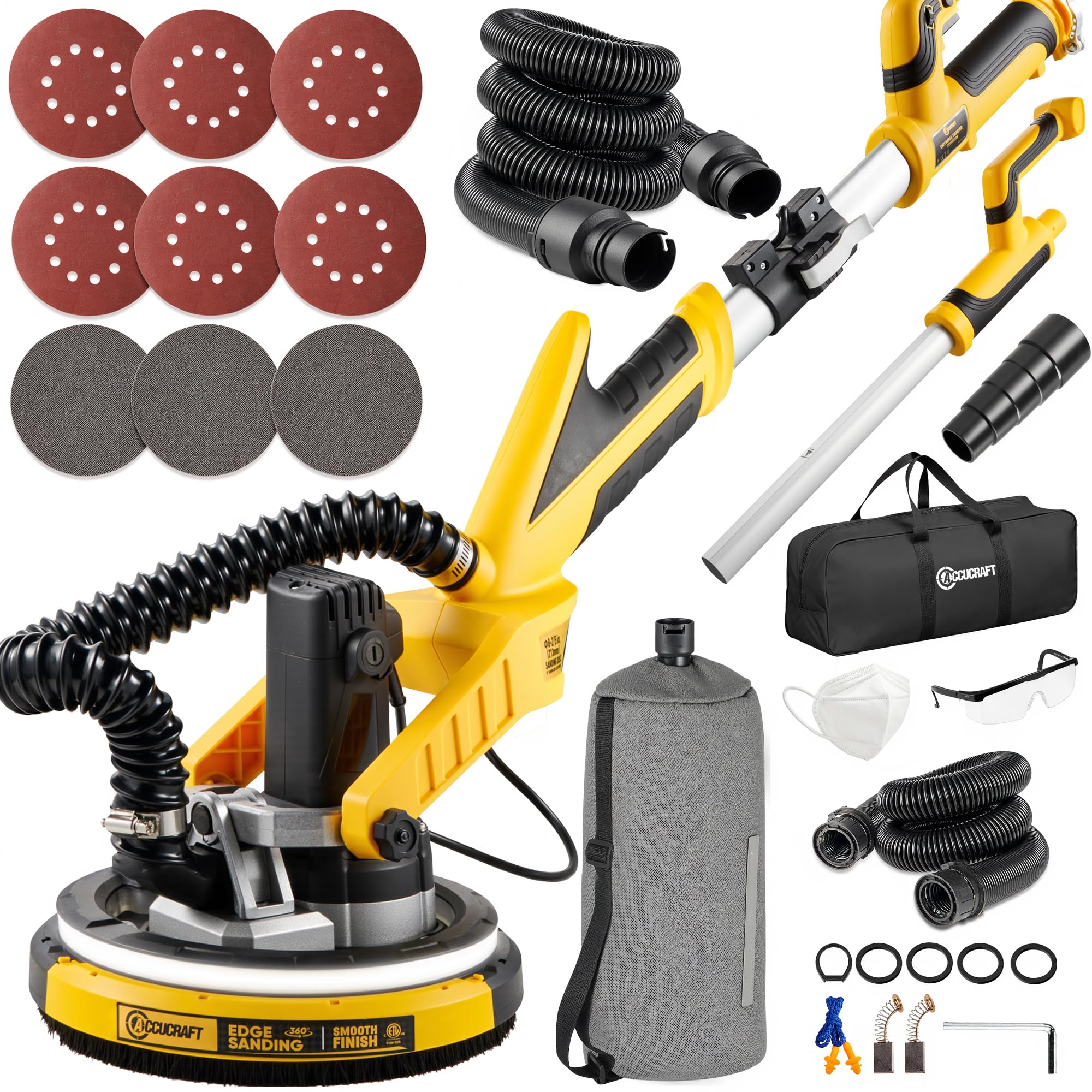 Powerful Electric Drywall Sander with Vacuum - Auto Dust Absorption, Dust-Free Design, 7 Variable Speeds (900-1800 RPM), 26' Power Cord & LED Light - Perfect for Popcorn Ceiling Removal, Wall Smoothing, and Home Renovation Projects