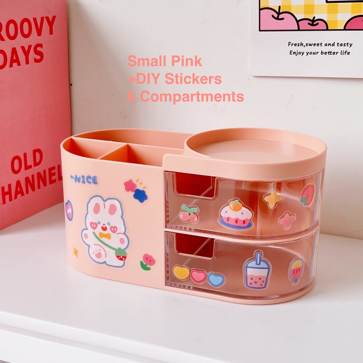 Cute Pink Kawaii Desk Organizer with Drawers & Stickers - 7.1x3.6x3.6 Inches School Stationery Storage for Teen Girls - Perfect for Dorm Room, Bedroom & Makeup Organization | DIY Fun Accessories for Home & Office