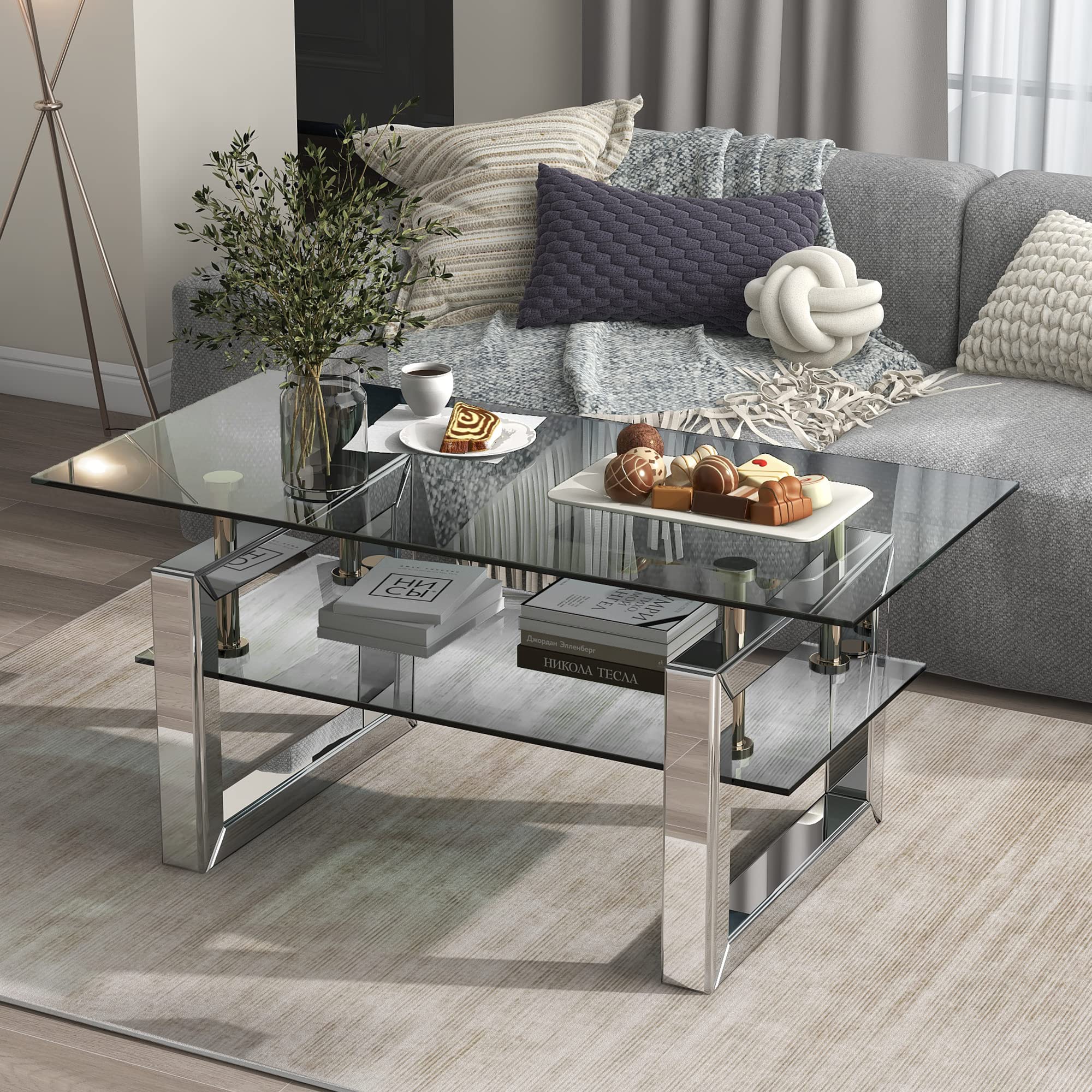 Modern Rectangular Mirrored Glass Coffee Table with Tempered Glass Top & Sturdy Steel Frame - Stylish Living Room Furniture for Home Decor, Entertaining Guests & Small Space Solutions
