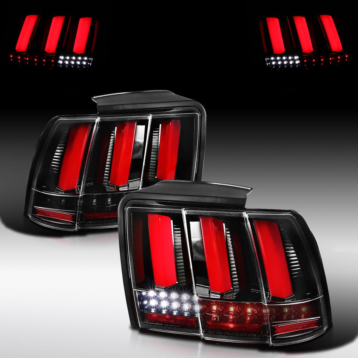 AUTOZENSATION LED Tail Lights for 1999-2004 Ford Mustang - Left & Right Pair, Jet Black Housing with Red LED Bar | Perfect for Night Driving & Car Customization