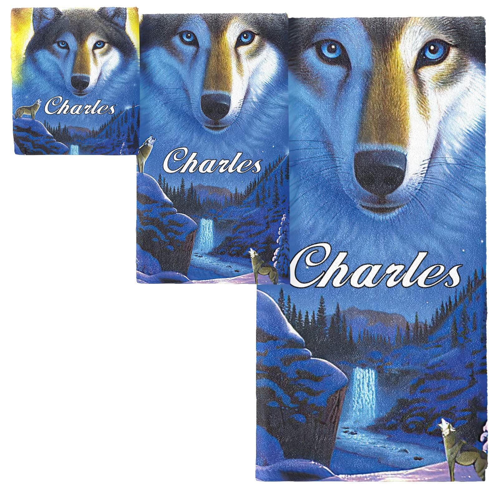 Personalized Wolf Snow Mountain 3-Piece Bath Towel Set - Super Absorbent Custom Name Beach Towel, Washcloth & Hand Towel for Spa, Bathroom Decor, Housewarming Gift & Cabin Retreat Accessories