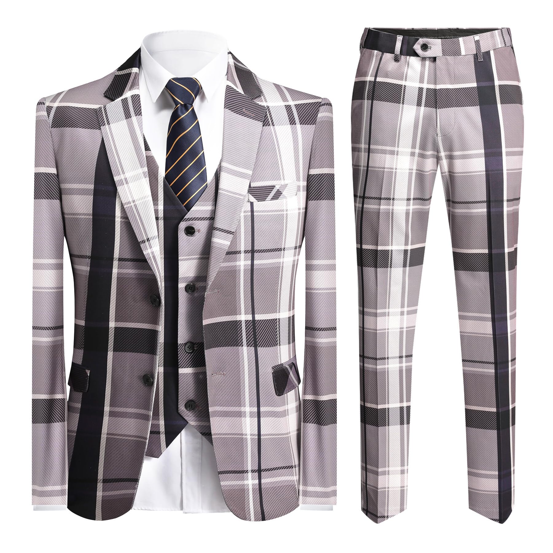 YFFUSHI Men's Slim Fit Plaid Tweed 3-Piece Suit Set - Formal Dinner Tuxedo for Weddings, Prom & Business Events