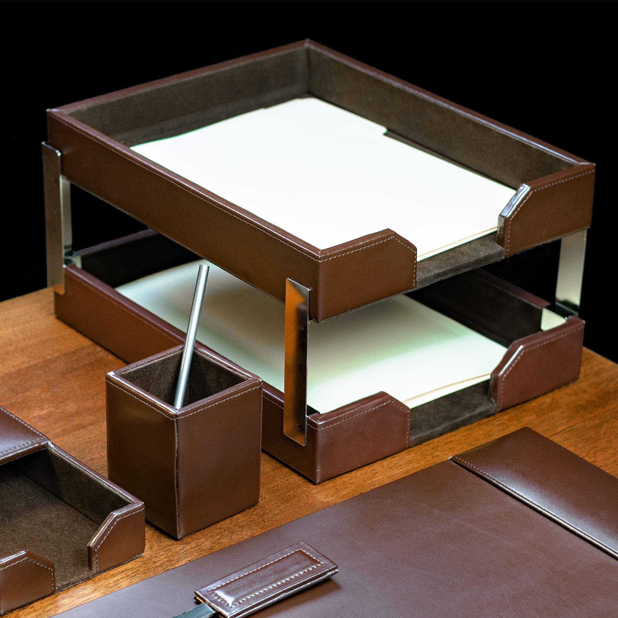 Premium Dacasso Bonded Leather Desk Set - Luxury Leather Desk Pad & Office Organizer - Executive Desk Decor for Professionals - Dark Brown 8-Piece Set - Perfect for Home Office, Corporate Gifts & Workspace Organization