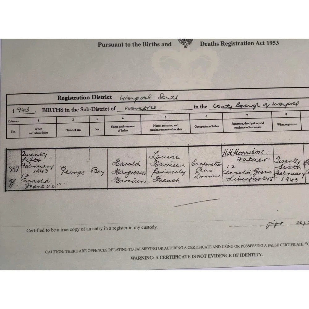 George Harrison Authentic Certified UK Birth Certificate Copy - The Beatles Memorabilia for Collectors & Fans | Perfect for Displays, Gifts & Beatles Enthusiasts
