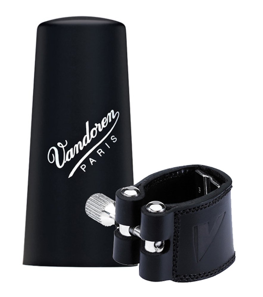 Vandoren LC22P Eb Clarinet Leather Ligature & Plastic Cap with 3 Interchangeable Pressure Plates - Professional Woodwind Accessory for Concert Band & Orchestra Performances