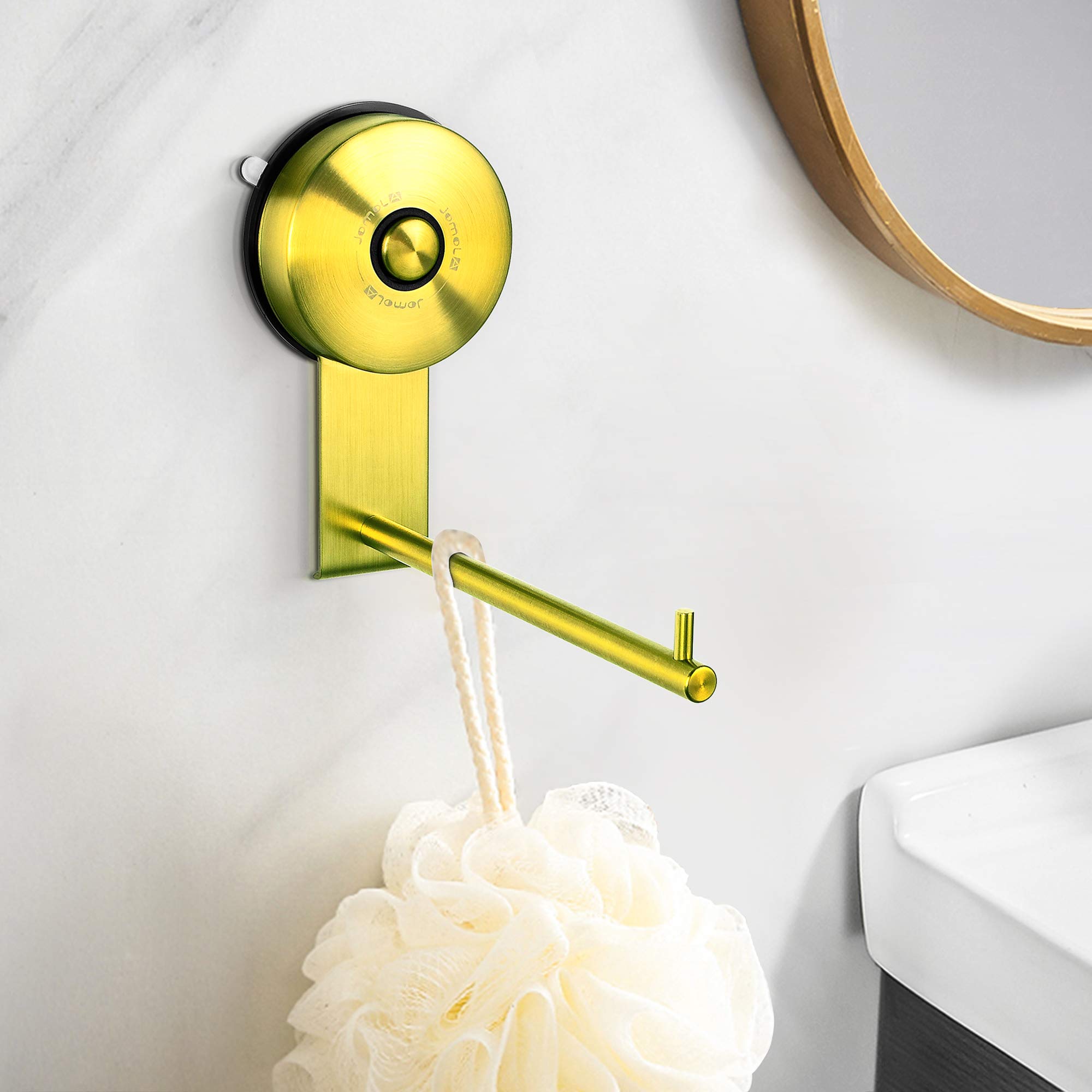 JOMOLA No-Drill Vacuum Suction Cup Toilet Paper Holder - Stainless Steel Bathroom Tissue Roll Hanger in Gold | Space-Saving Solution for Small Bathrooms & RVs