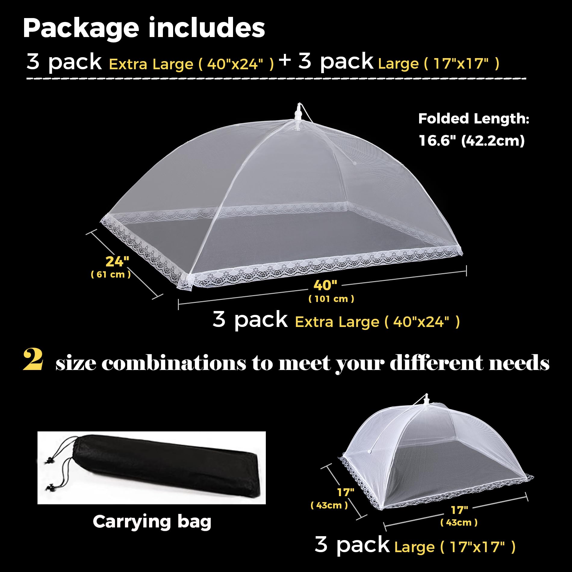 6-Pack Extra Large 40x24in & Large 17x17in Pop-Up Mesh Food Covers for Outdoor BBQ, Camping, Picnic - Windproof Food Tents for Parties, Beach & Backyard Gatherings
