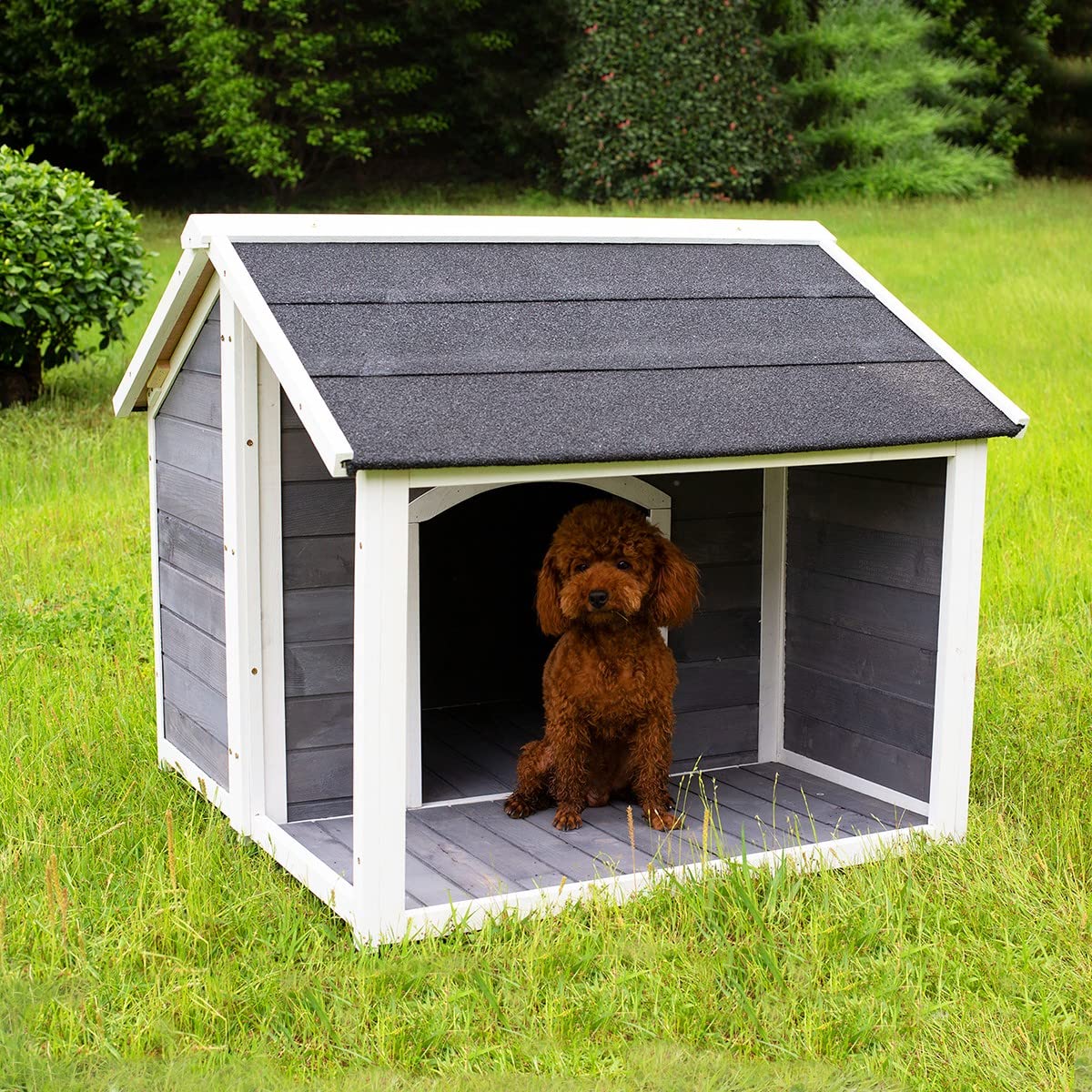 MANFER Large Outdoor Wooden Dog House - Waterproof & Windproof Insulated Dog Kennel with Porch Deck - Indoor/Outdoor Dog Shelter for Small to Medium Dogs - Perfect for Backyard, Patio, and Camping Use