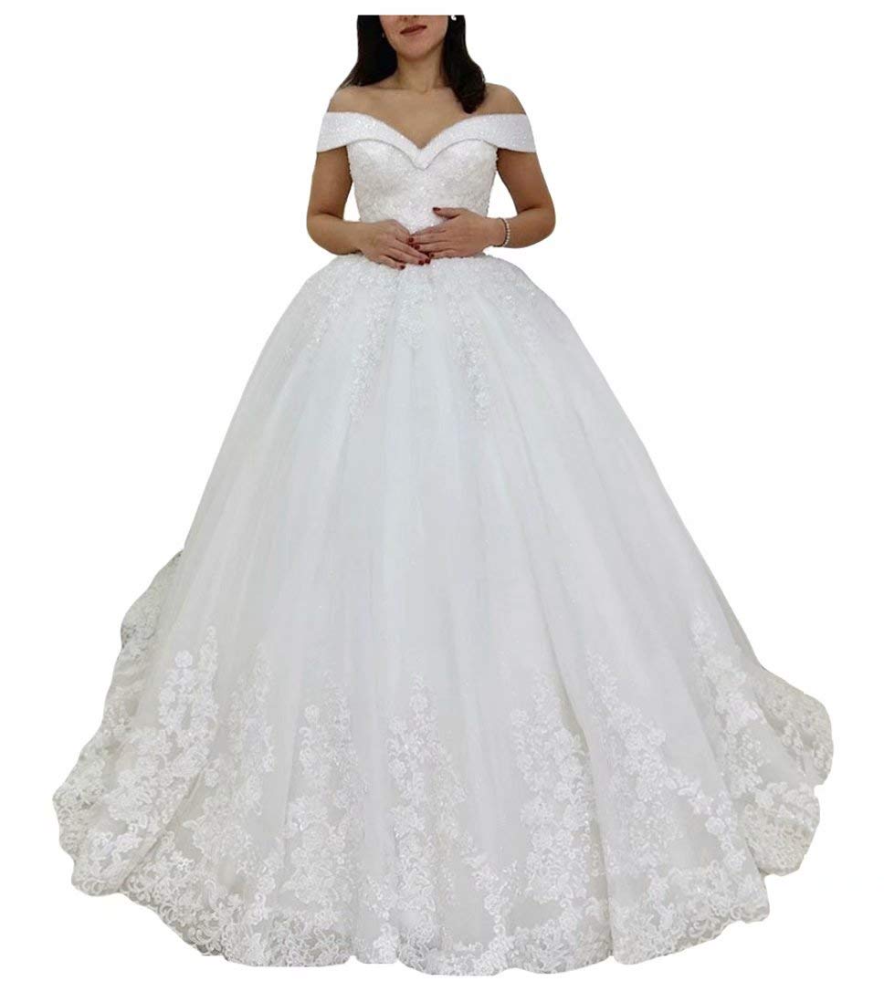 YIGIRL Women's Wedding Dress 2023 | Sweetheart Off Shoulder Lace Beaded Tulle Bridal Gown | A-Line Ball Gown for Bridal Shower, Wedding Ceremony & Reception