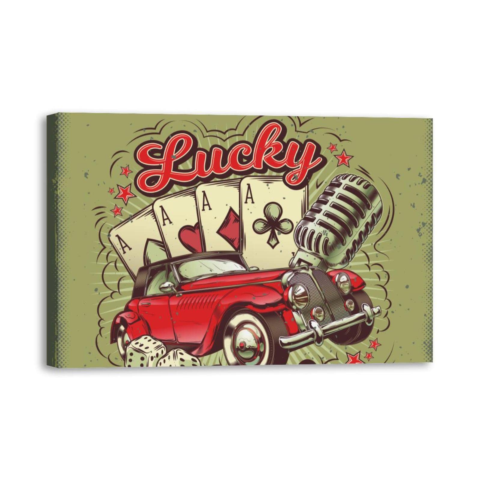 Vintage Poker Red Car Canvas Wall Art - Framed & Ready to Hang - Home Decor Painting for Living Room, Bar, Game Room & Man Cave - Unique Personalized Wall Decor Gift for Poker Lovers