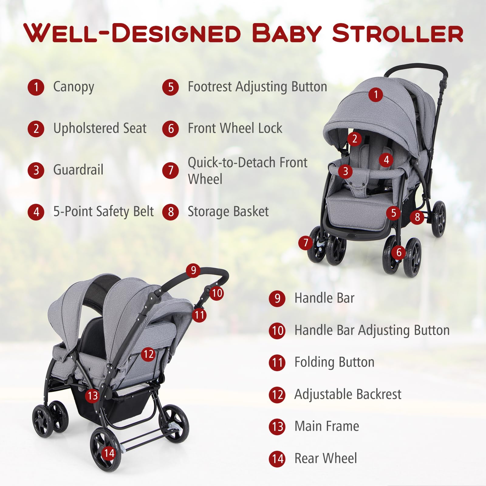 HONEY JOY Double Stroller - Lightweight Foldable Tandem Twin Stroller for Newborns & Toddlers with 5-Point Safety Harness, Reclining Seats & Storage Basket | Perfect for Twins, Siblings or Daycare Use (Gray)