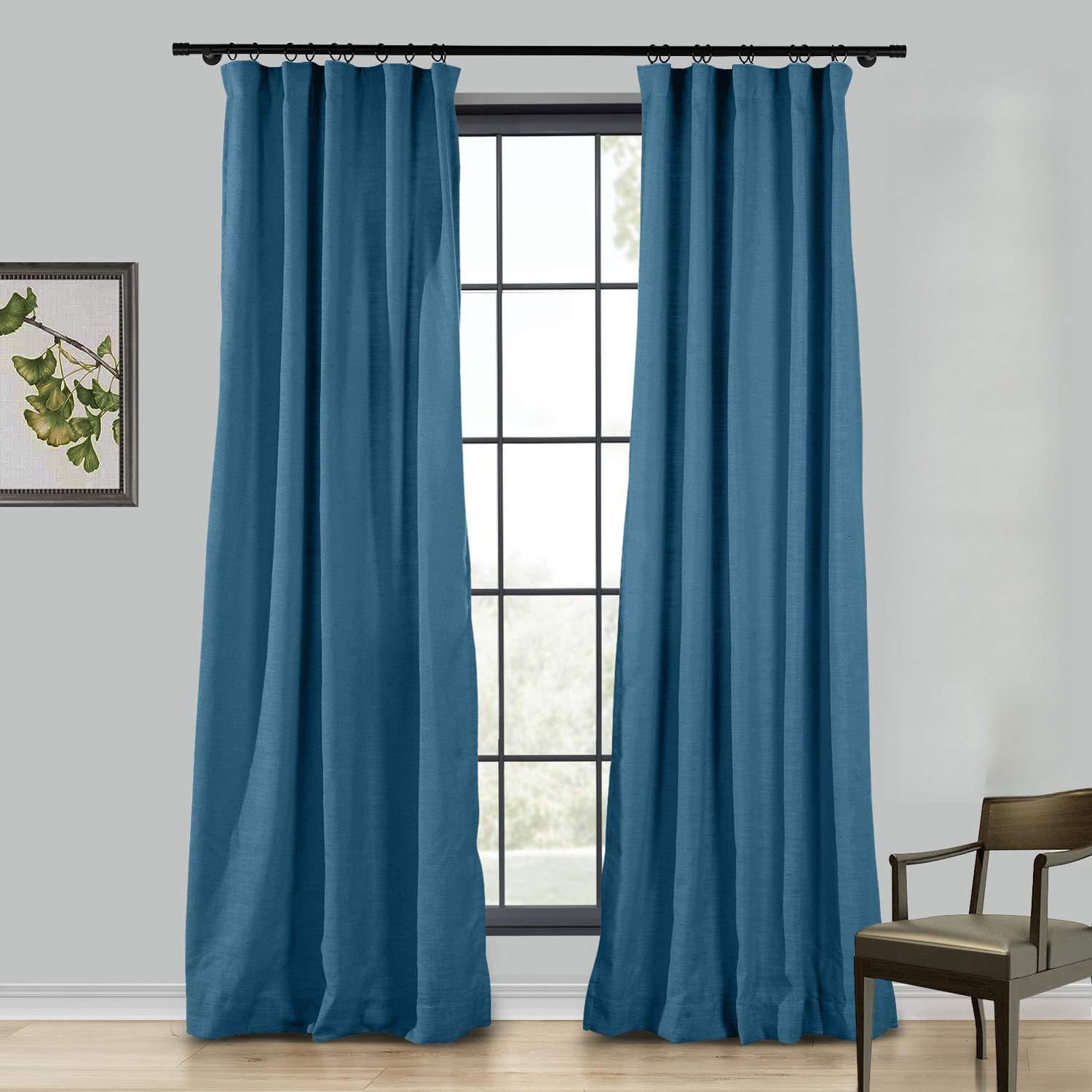 Premium 100Wx102L Inch Navy Blue Linen Room Darkening Curtain Panel - 4-in-1 Header with Rod Pocket, Back Tab & Hook Belt for Living Room, Bedroom & Home Theater Blackout Needs