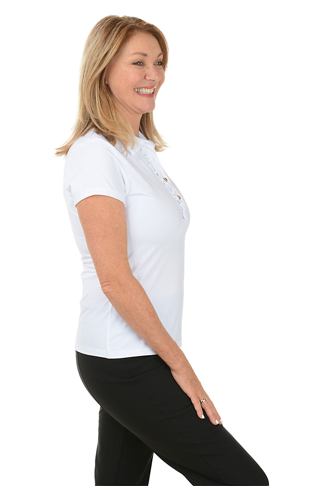 Solid Lizzie Ruffled Short Sleeve Polo Top for Women - Casual Summer Blouse with Feminine Ruffle Detail | Perfect for Office, Date Night & Weekend Outings