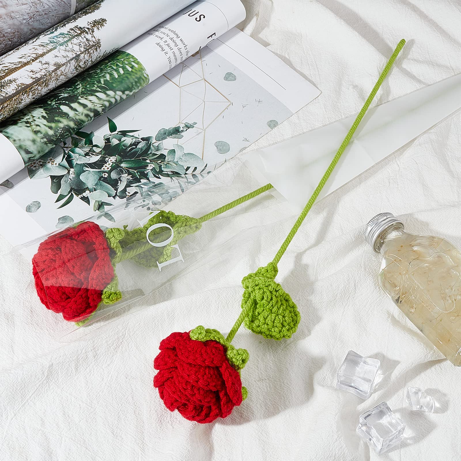 Handmade Knitted Rose Flower - 2pcs Set with Gift Bag, Artificial Crochet Red Roses for Wife, Girlfriend, Lovers - Perfect for Birthday, Anniversary, Valentine's Day & Romantic Home Decor