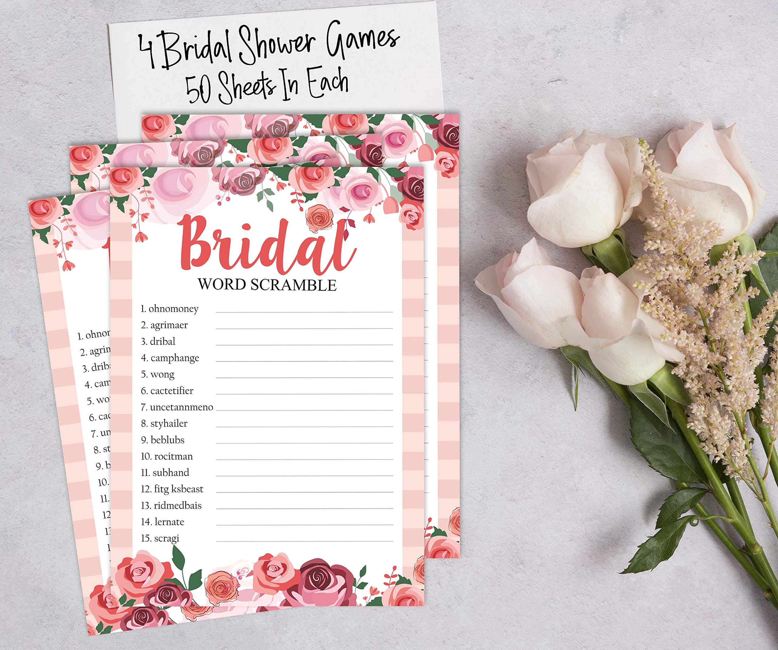 Bachelorette Party Games Set - 4 Fun Bridal Shower Games (50 Sheets Each) Floral Design for Wedding Celebrations & Girls Night Out
