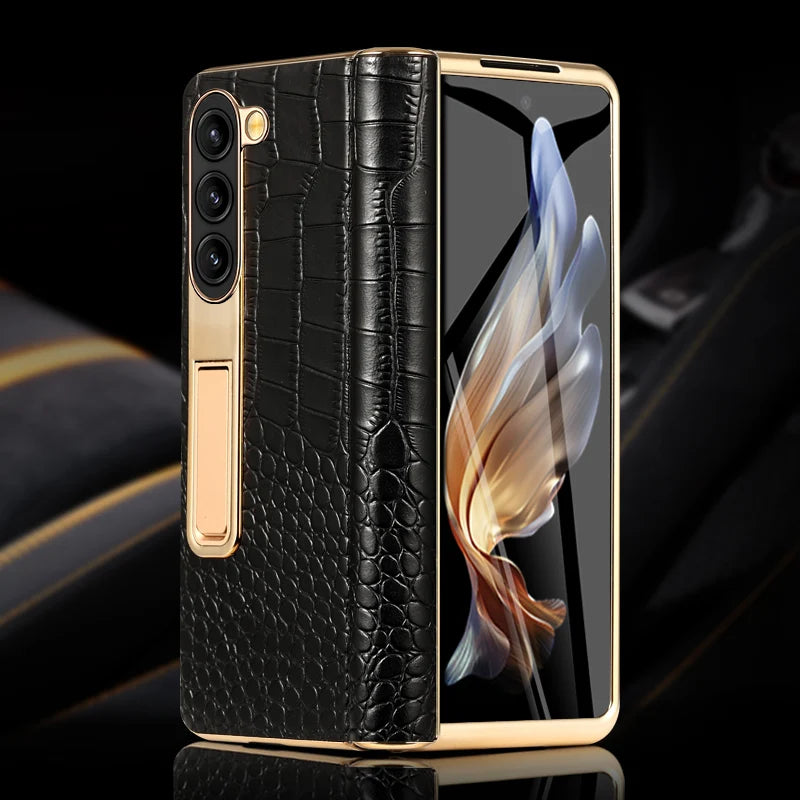Premium Real Leather Phone Case for Samsung Galaxy Z Fold 6 with Hinge Kickstand - Slim Protective Cover for Work, Travel & Everyday Use