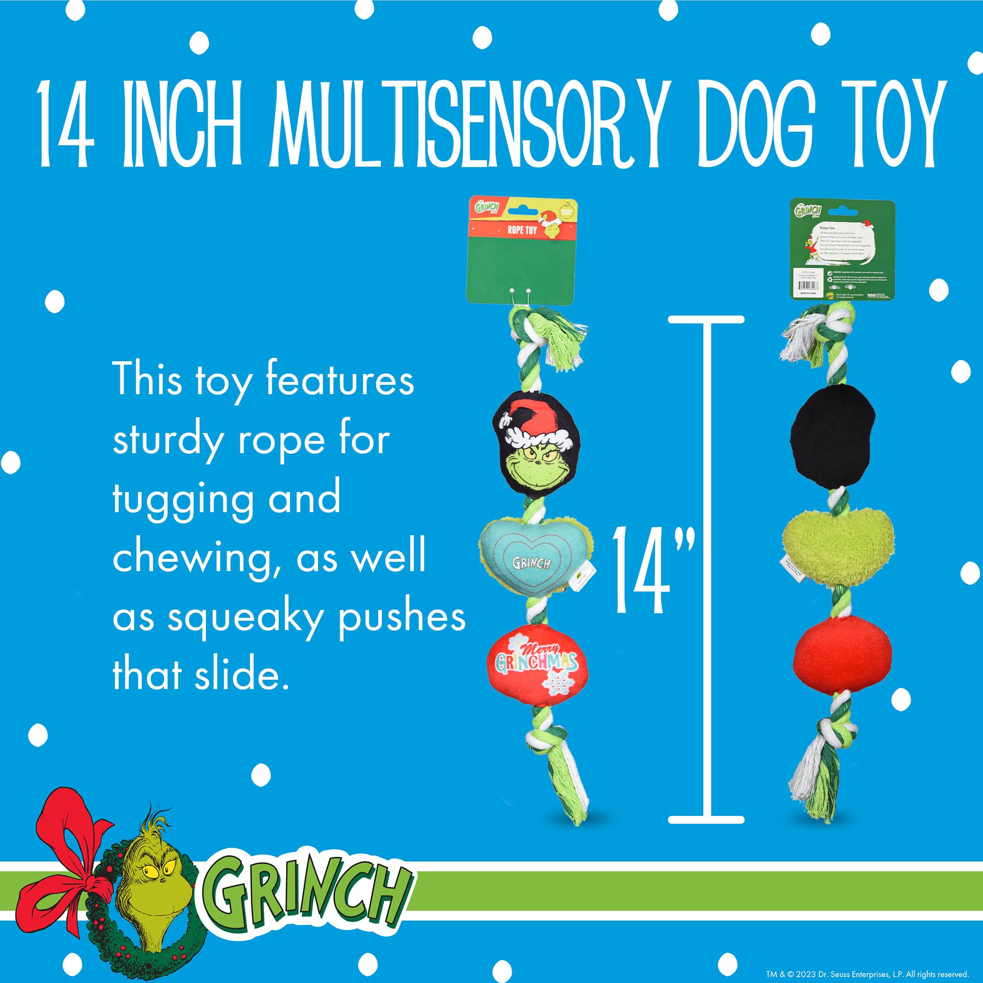 The Grinch Stole Christmas 14'' Squeaky Rope Dog Toy - Holiday Chew Toy for Puppies & Dogs, Durable Pet Stocking Stuffer Gift (FF23498-23/12) - Perfect for Christmas Playtime & Festive Pet Photos