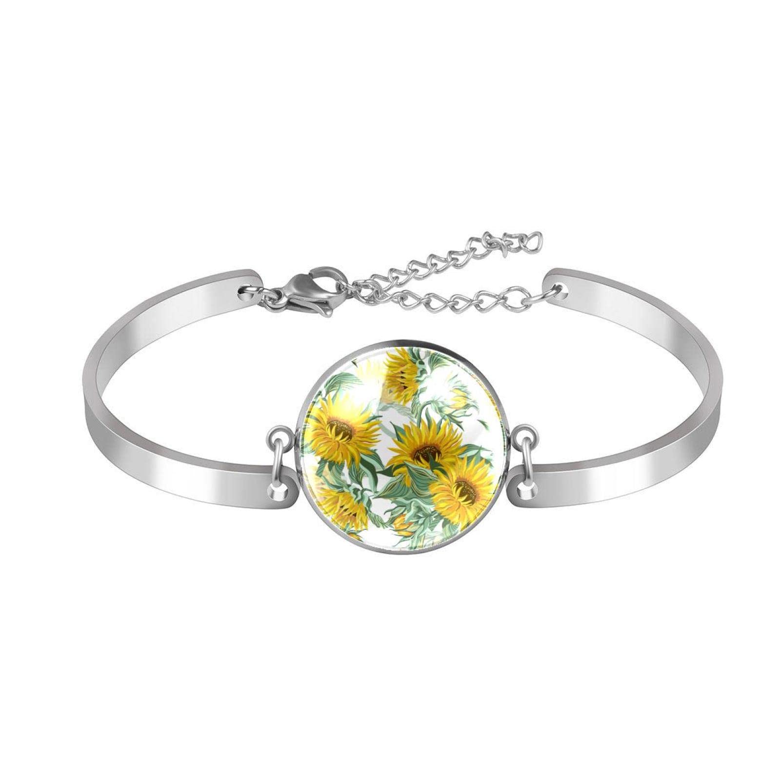 Adjustable Stainless Steel Sunflower Watercolor Bangle Bracelet for Women & Girls - Elegant Jewelry Gift for Birthday, Christmas, Friendship | Perfect for Casual Wear, Office Accessories & Special Occasions