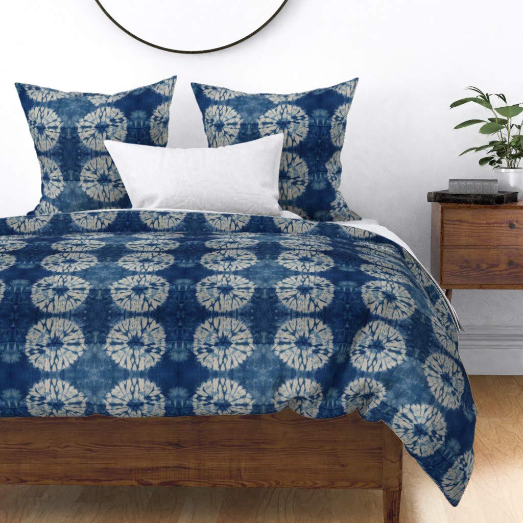 Shibori Indigo Circles Tie Dye Cotton Sateen Duvet Cover - King/California King Size, Modern Blue Circle Pattern, Gender Neutral Custom Bedding for Summer & Nursery Decor | Perfect for Master Bedrooms, Guest Rooms & Baby's Room