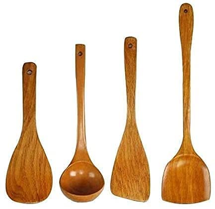 4Pcs Wooden Cooking Utensil Set - Non-Stick Wooden Spatula, Spoon & Stir Fry Tools for Kitchen - Natural Wooden Flatware for Rice, Cooking & Baking - Perfect for Sauteing, Frying & Serving Dishes