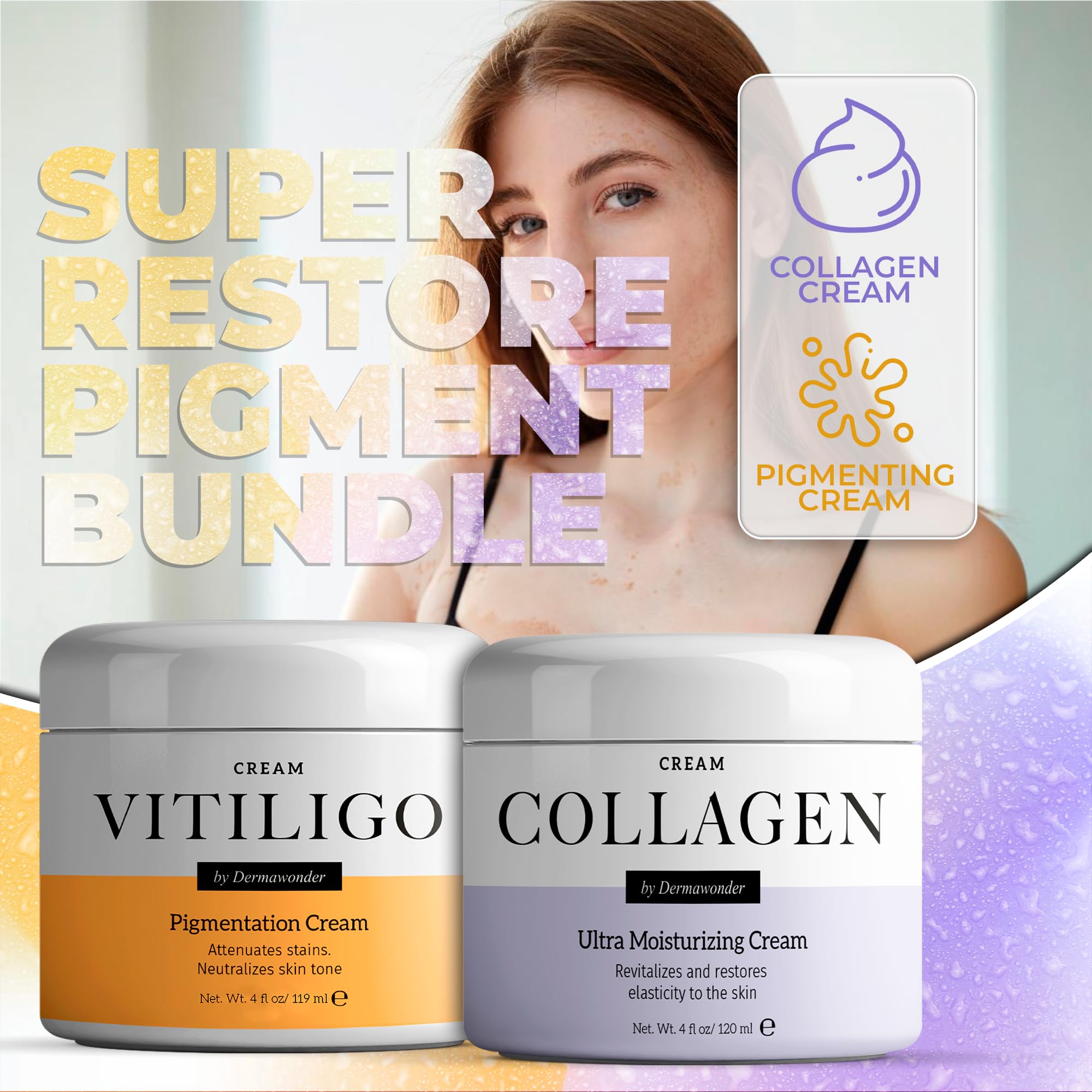Vitiligo Dermawonder Pigmentation Cream & Collagen Face Moisturizer Set - Skin Tone Corrector for Sun Damage Repair & Anti-Aging, Ultra Hydrating Face & Body Cream for Dry Skin - 2-Pack - Perfect for Daily Skincare Routine & Post-Sun Care