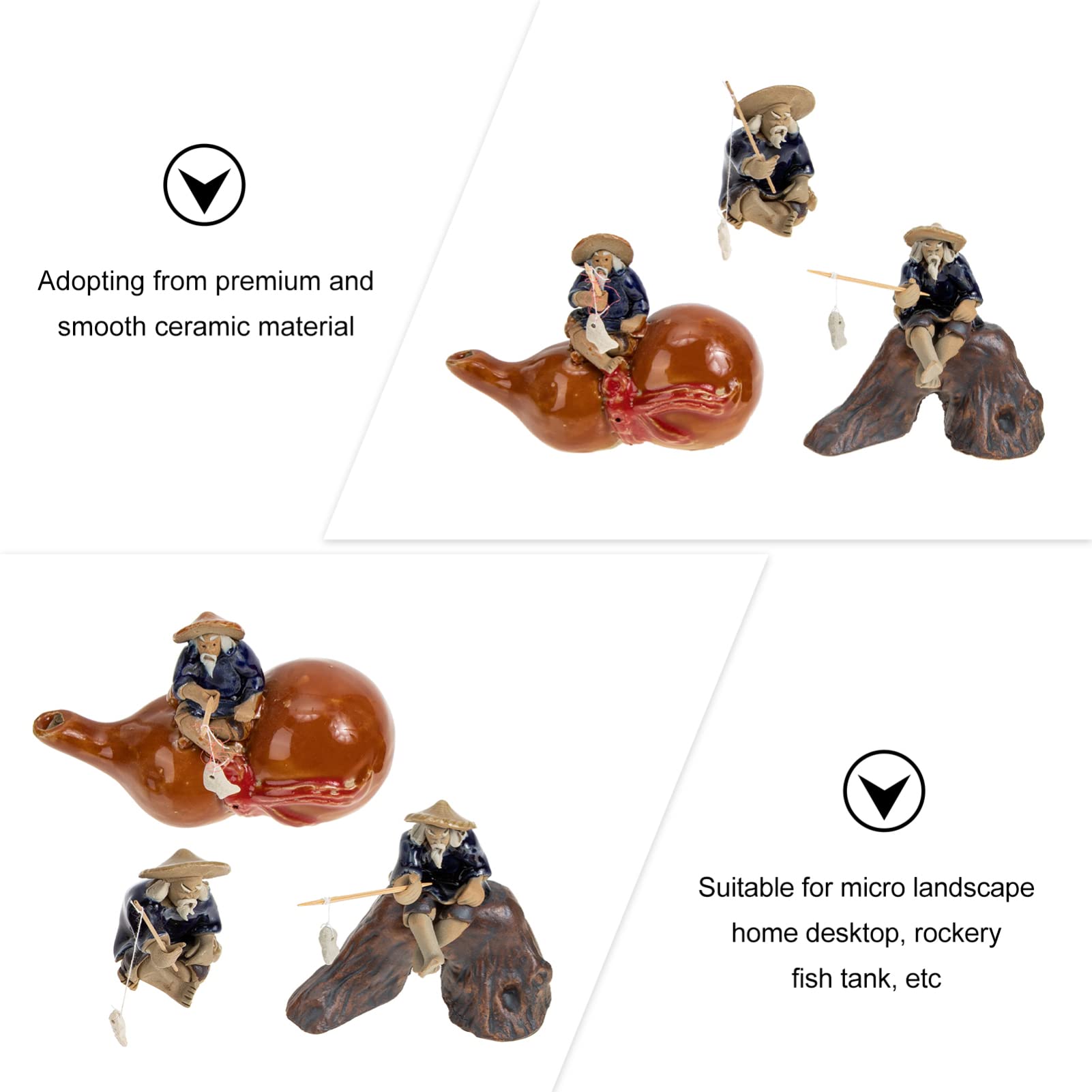 GANAZONO 3-Piece Chinese Bonsai Ornament Set - Ceramic Fisherman Figurines, Miniature Landscape Decor for Zen Gardens, Home Office Desk & Aquarium Scenery