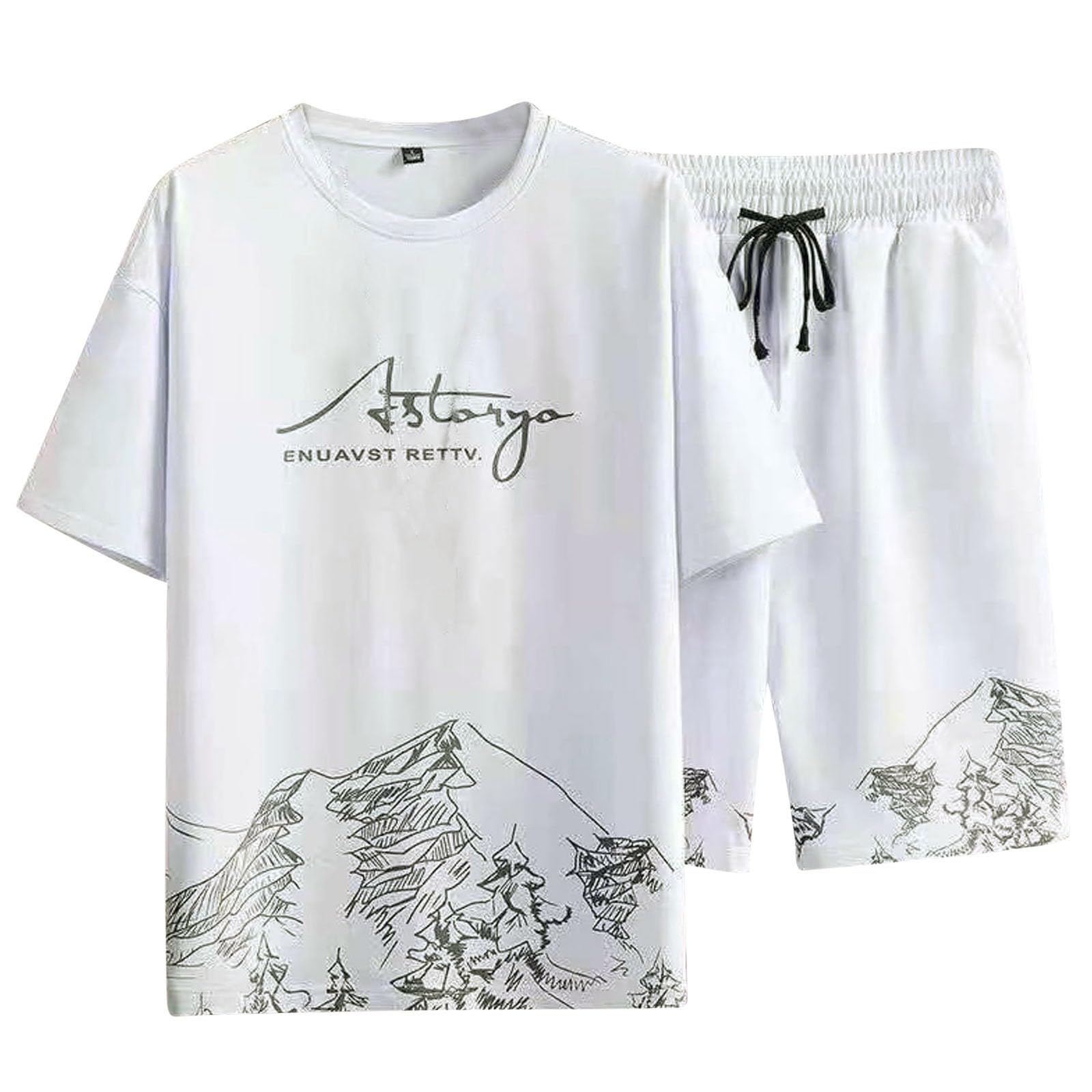NQyIOS Men's Cartoon Graphic Print 2-Piece Summer Outfit - Short Sleeve Shirt & Shorts Set for Gym, Running, Exercise, Fitness | Casual Sportswear for Workouts, Beach, and Holiday Wear