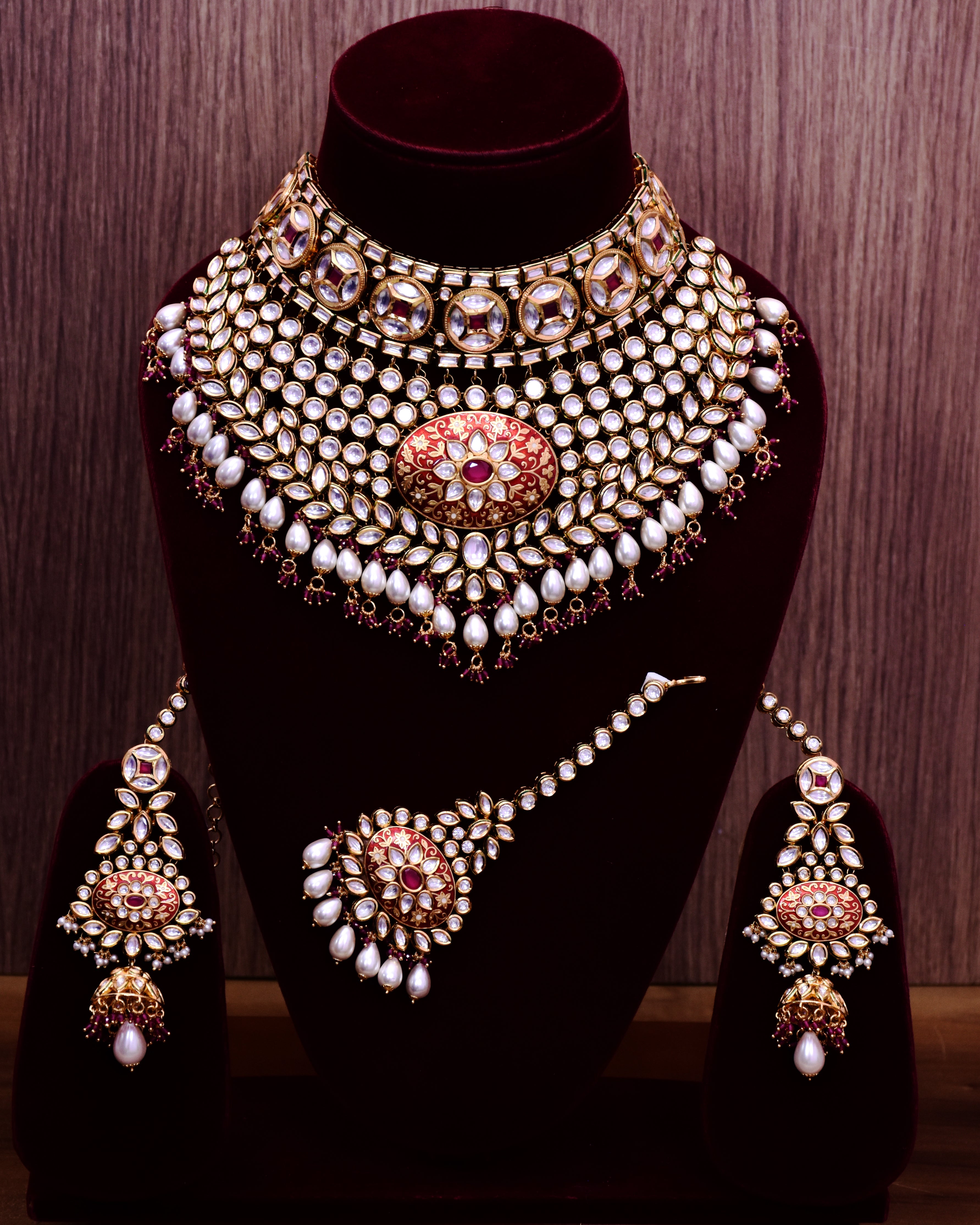 Luxury Gold Plated Royal Kundan Ruby Necklace & Earrings Set with Pearl Beads (D643) - Perfect for Weddings, Parties & Special Occasions