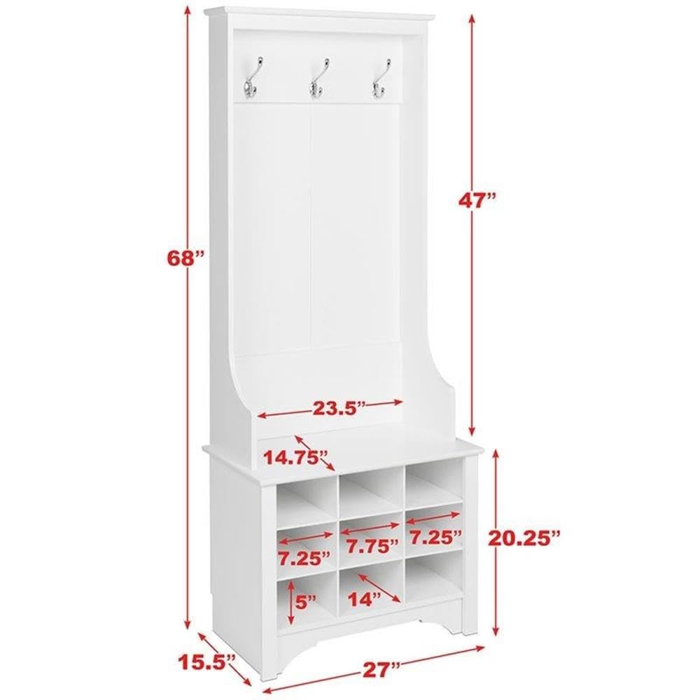 White Hall Tree with Shoe Storage - 9 Cubbies & 3 Double Coat Hooks - Entryway Organizer (15.5