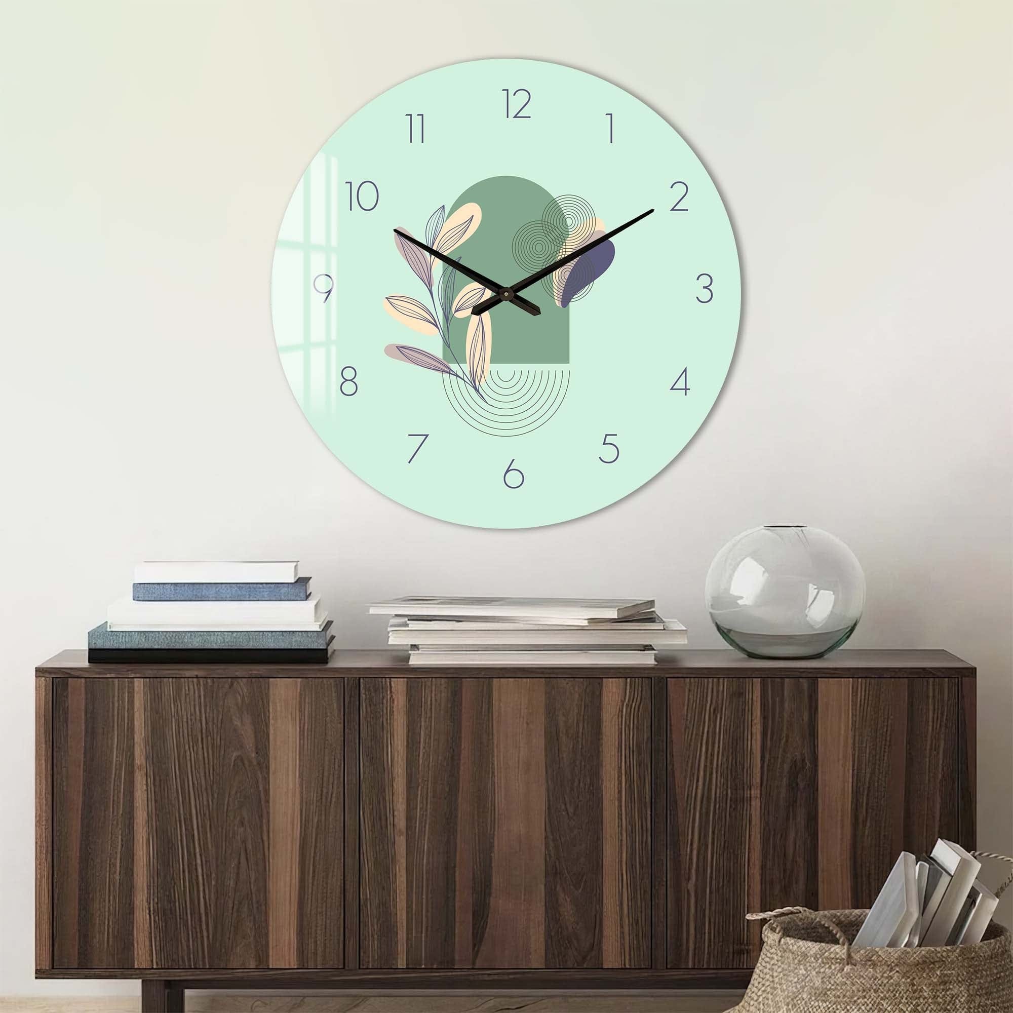 Lunaria Mint Glass Wall Clock - Modern Decorative Silent Non-Ticking Clock for Living Room, Bedroom, Office & Kitchen