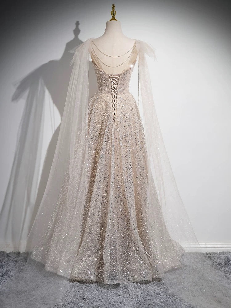 Elegant A-Line Scoop Neckline Champagne Sequin Tulle Long Prom Dress for Homecoming, Formal Dances & Special Occasions