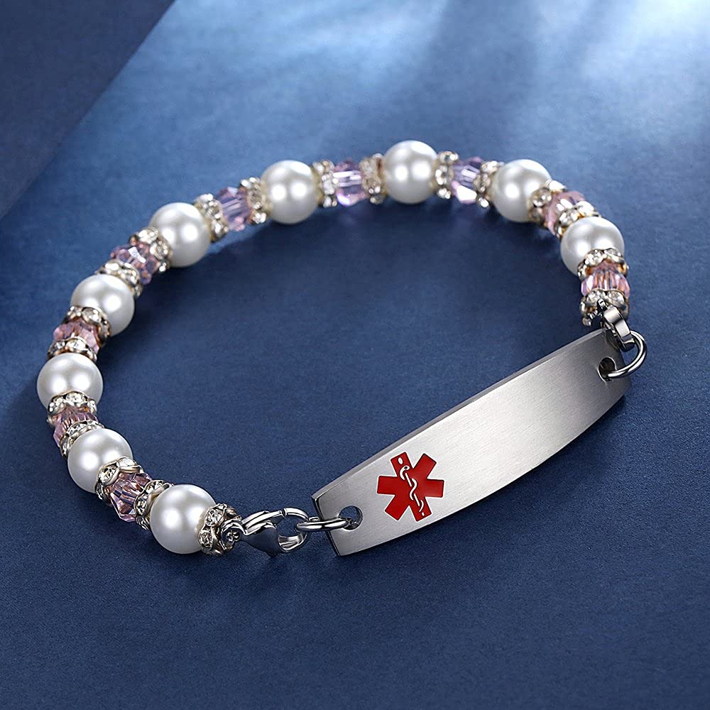 Customizable Medical ID Bracelets for Women - 7.5 Inch Interchangeable Beaded Alert Bracelet with Engraving | Perfect for Diabetes, Allergies & Emergency Medical Identification