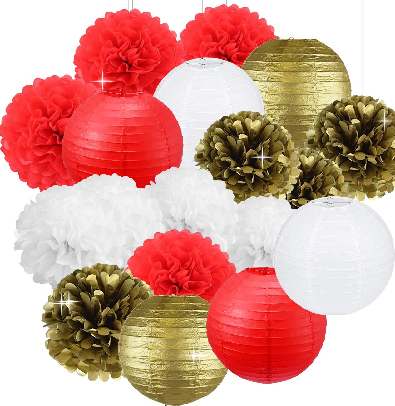 White Red Gold Tissue Paper Pom Poms & Paper Lanterns - Graduation Party Decorations, Baby Shower, Nursery & Birthday Party Decor (12-Pack) - Perfect for Ceiling, Wall & Tabletop Displays